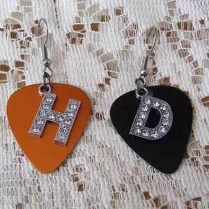 H & D Rhinestone Charms on Orange & Black Aluminum Guitar Pick Biker Earrings